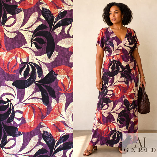 'pressed leaves' drapey viscose stretch twill - plum