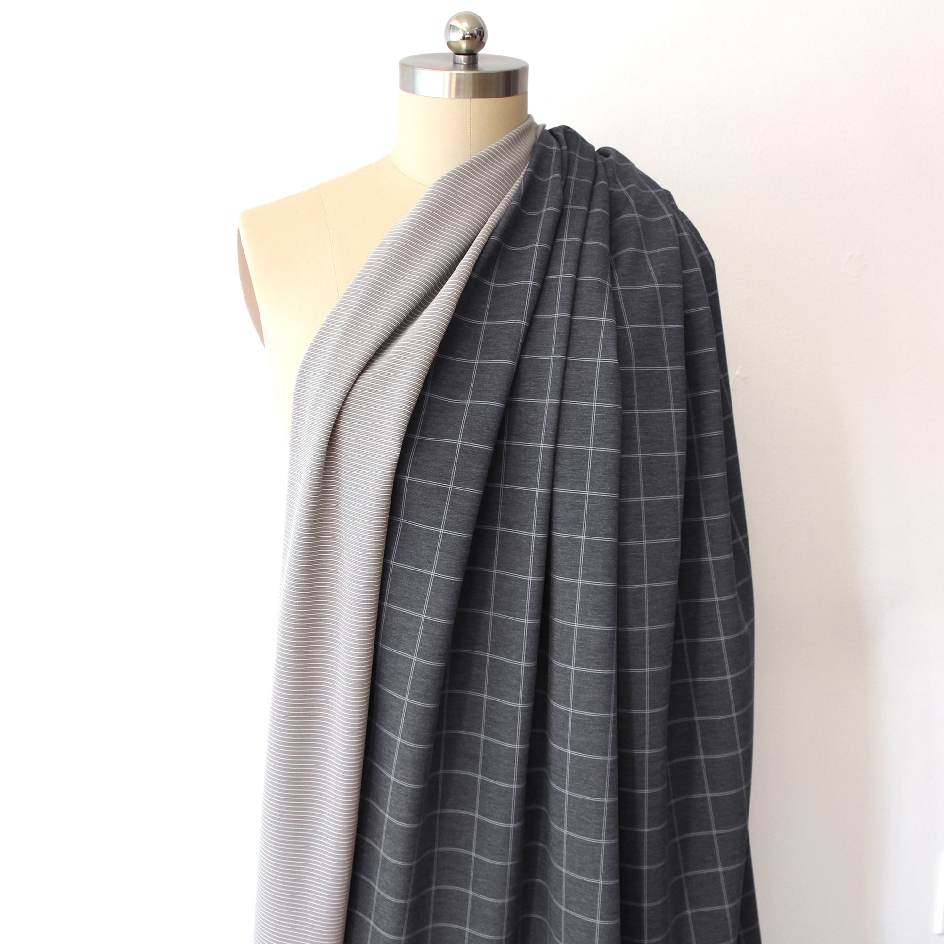 'windowpane/stripe' reversible viscose blend ponte - graphite/taupe
