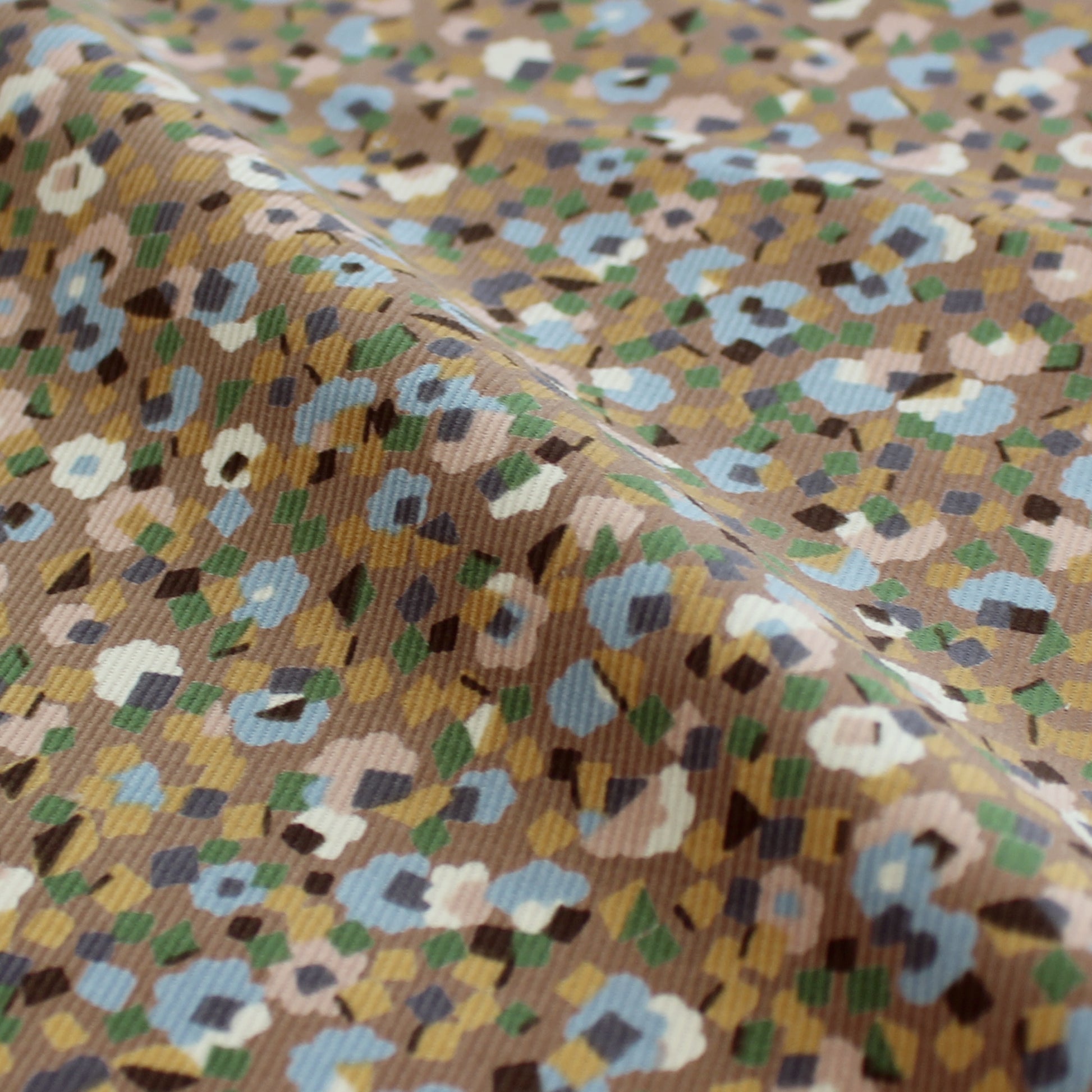 Japanese 'babywale' graphic floral cotton corduroy - mocha/blue