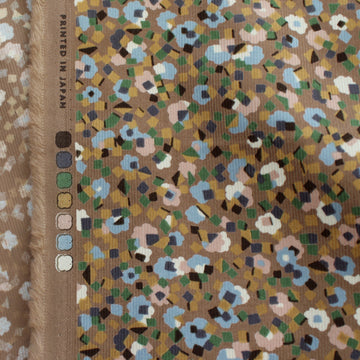 Japanese 'babywale' graphic floral cotton corduroy - mocha/blue