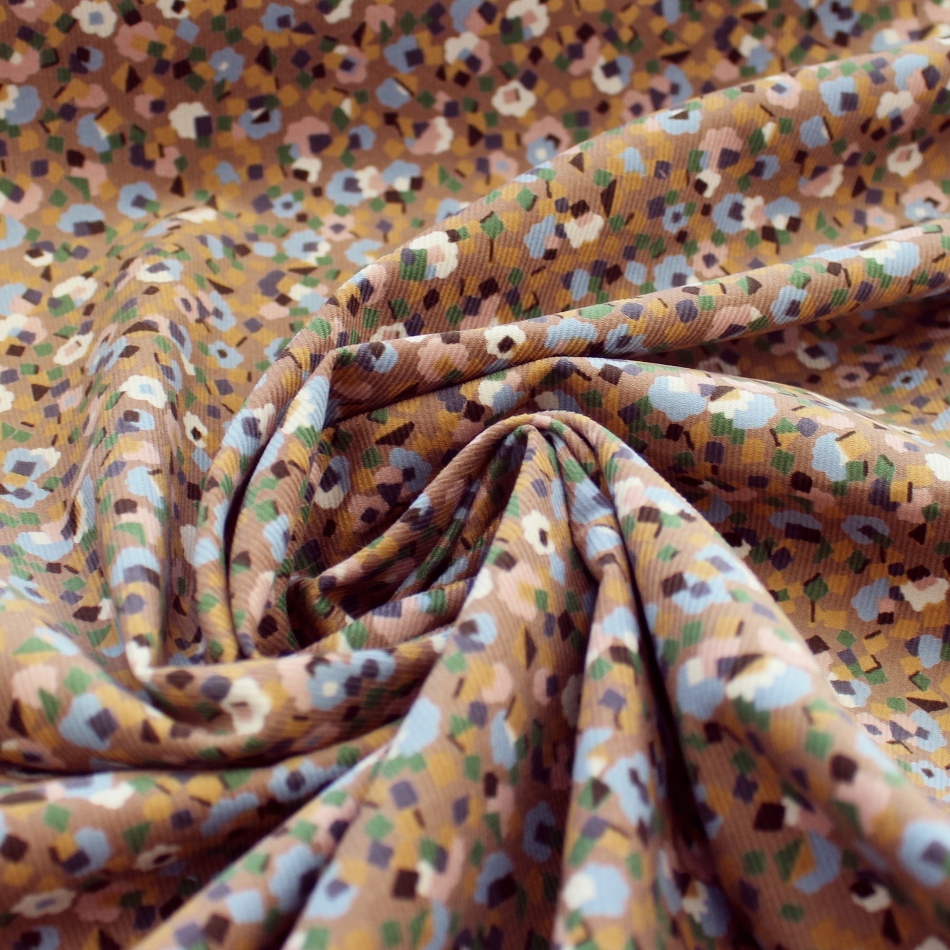 Japanese 'babywale' graphic floral cotton corduroy - mocha/blue