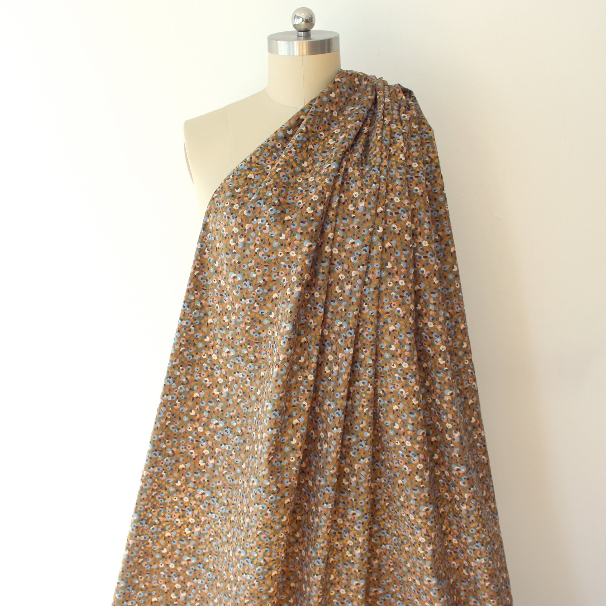 Japanese 'babywale' graphic floral cotton corduroy - mocha/blue