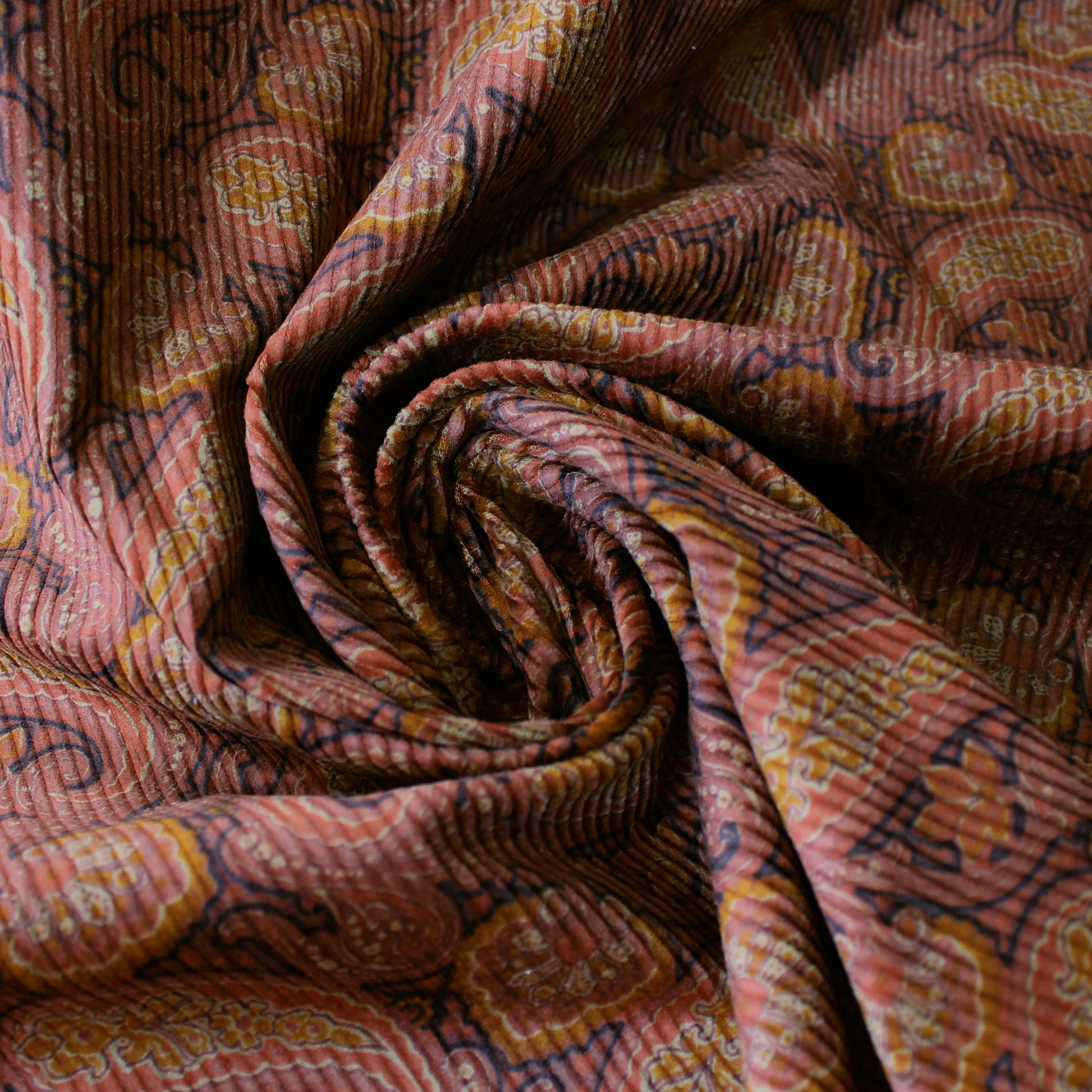 Japanese 'wide wale' paisley stretch cotton corduroy - mulled wine