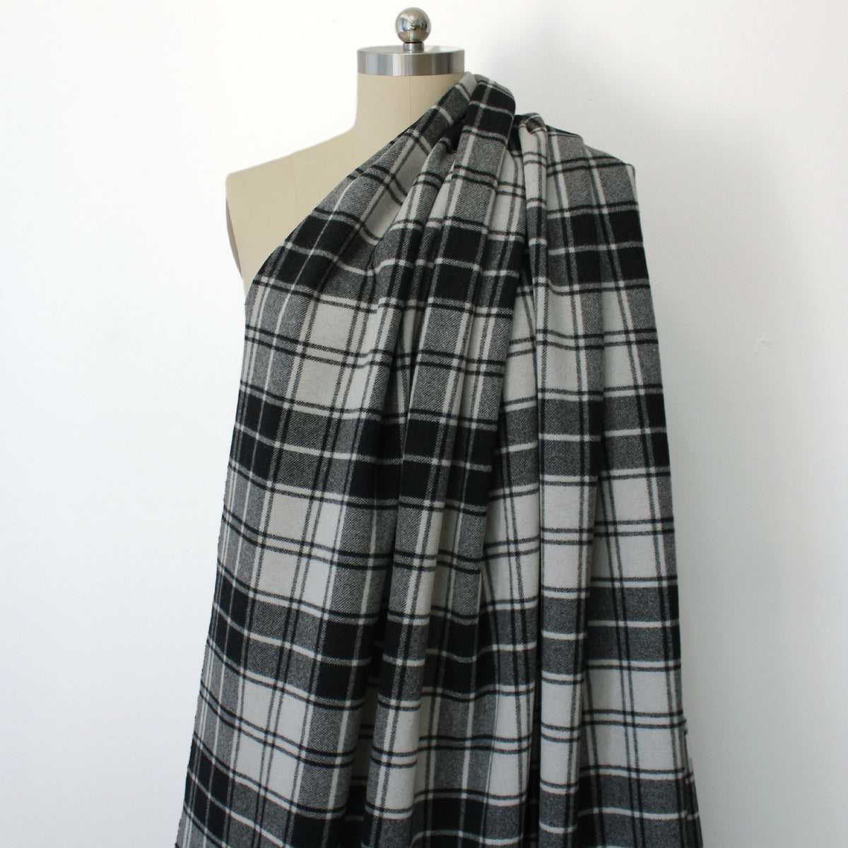 coating, wool blend doubleface tartan plaid - cloud gray / black