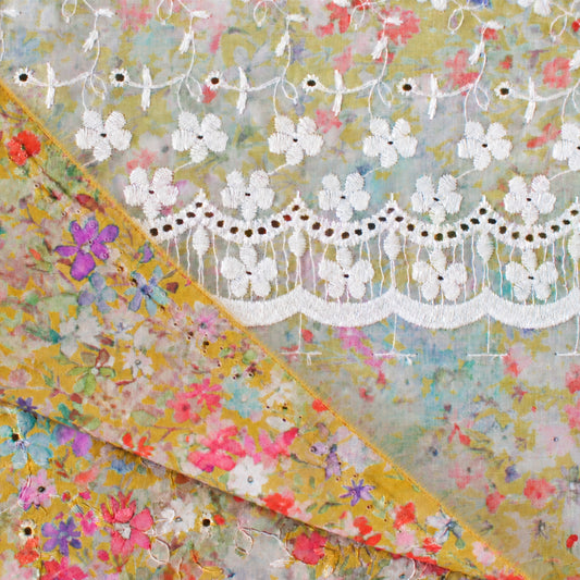 lawn, cotton overprinted embroidered eyelet 'wildflower sun'
