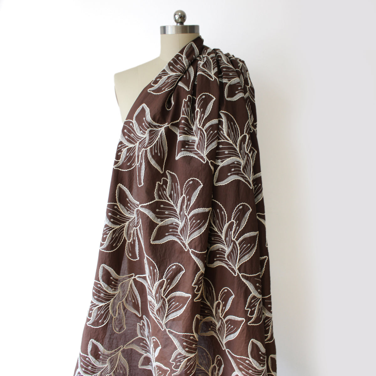 voile, embroidered cotton floral - chocolate/natural