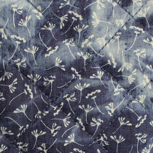 denim quilted coating, pre-quilted and lined "floral splash dye"