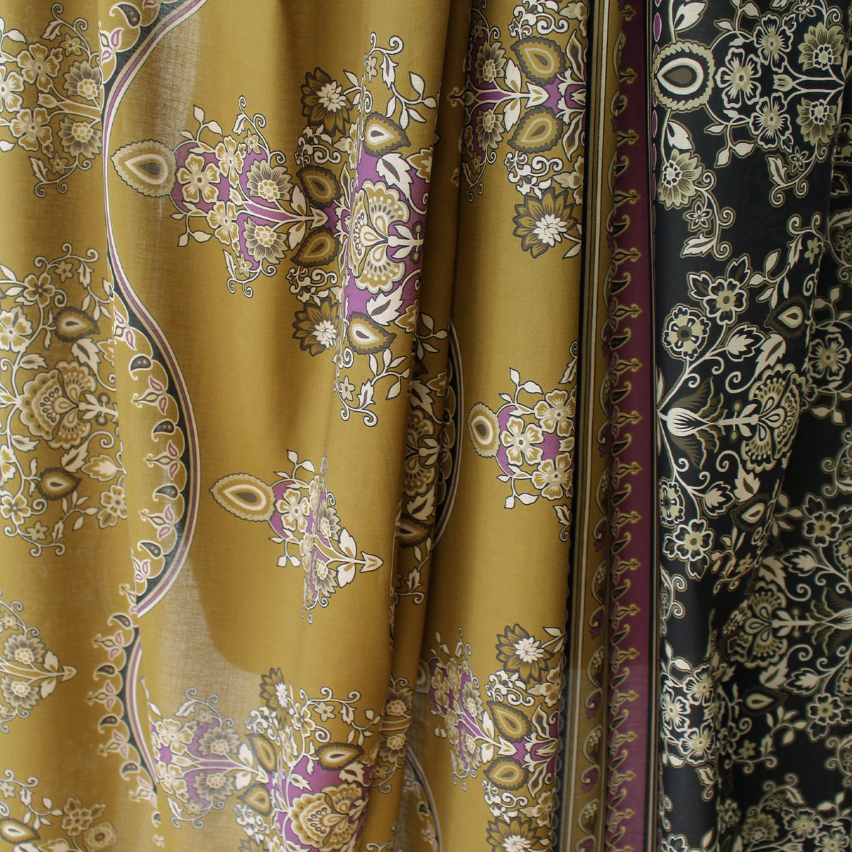 lawn, cotton woven border print 'olive and crocus'