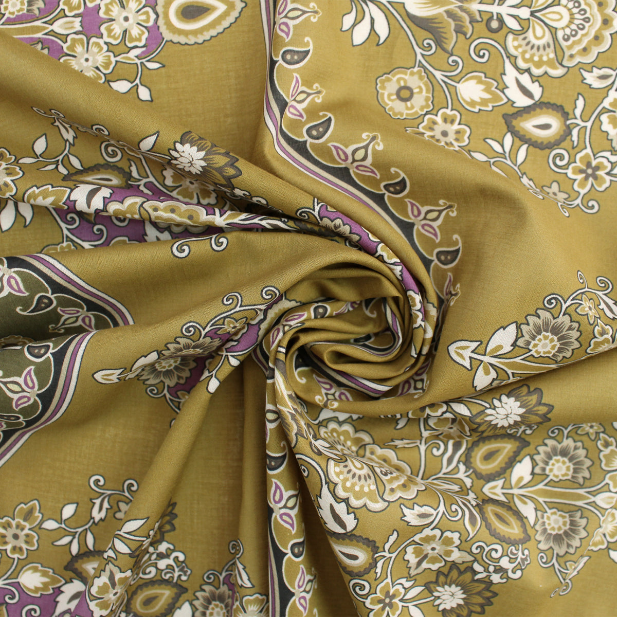lawn, cotton woven border print 'olive and crocus'