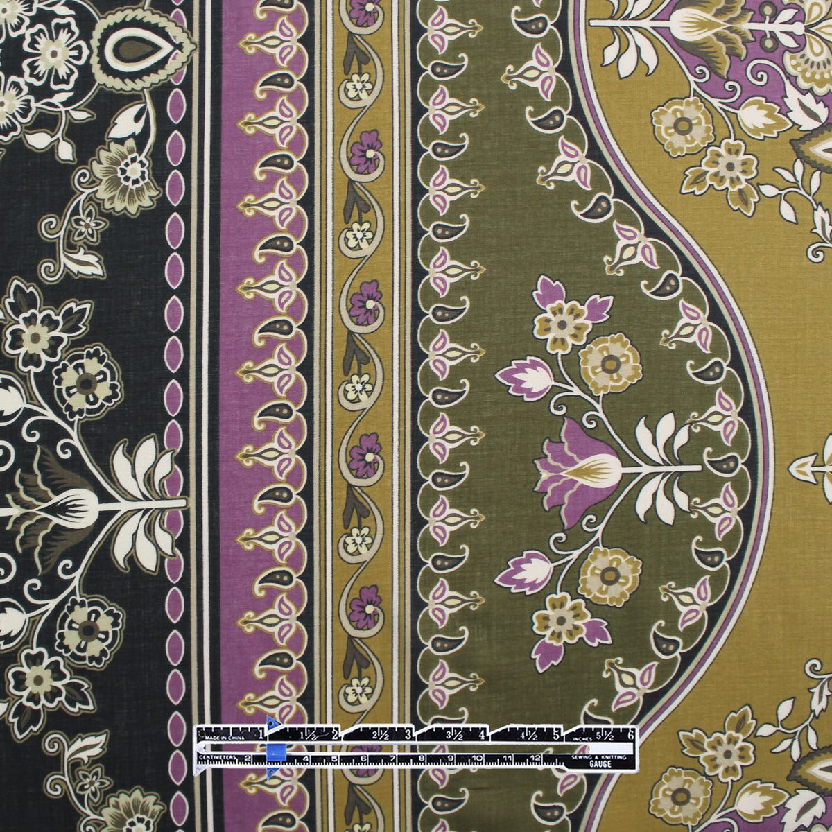 lawn, cotton woven border print 'olive and crocus'