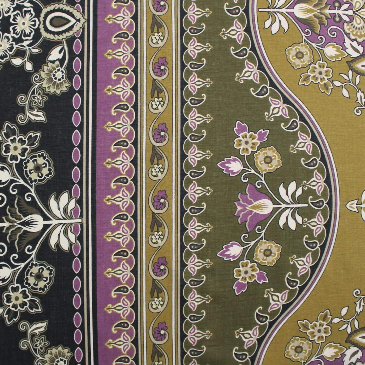 lawn, cotton woven border print 'olive and crocus'