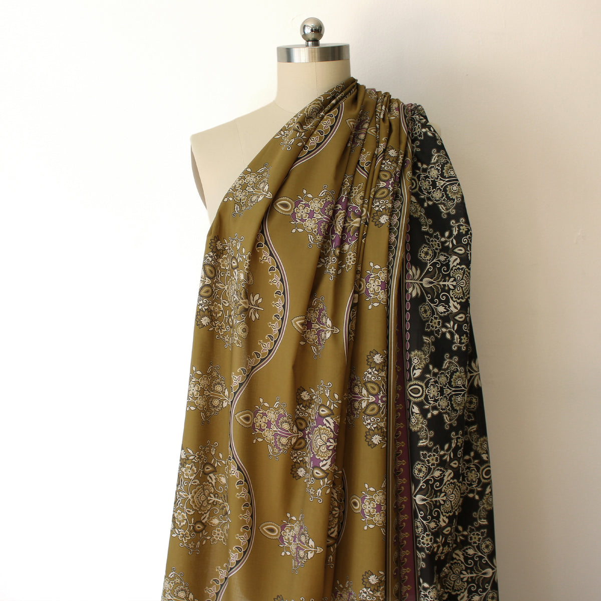 lawn, cotton woven border print 'olive and crocus'