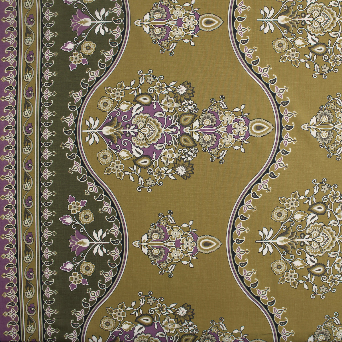 lawn, cotton woven border print 'olive and crocus'