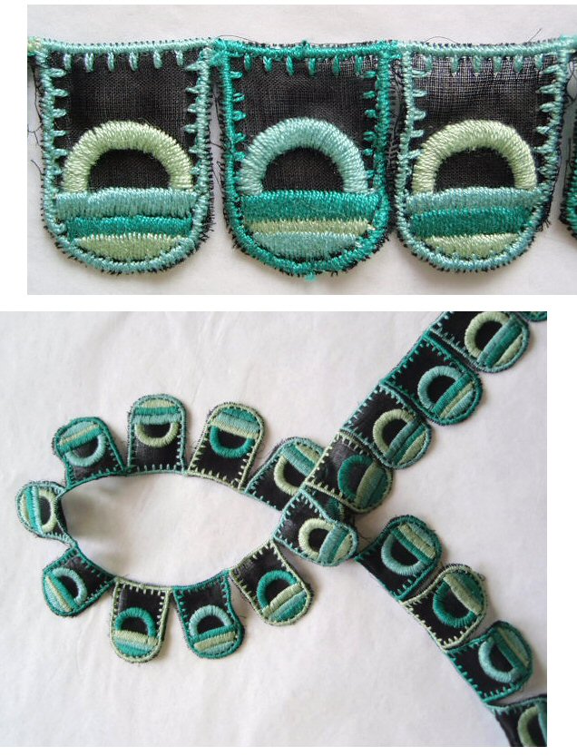 Anna S. aqua/sage/black scallop embroidery trim