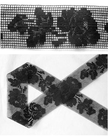 Anna S. black 'needlepoint' rose design banded trim