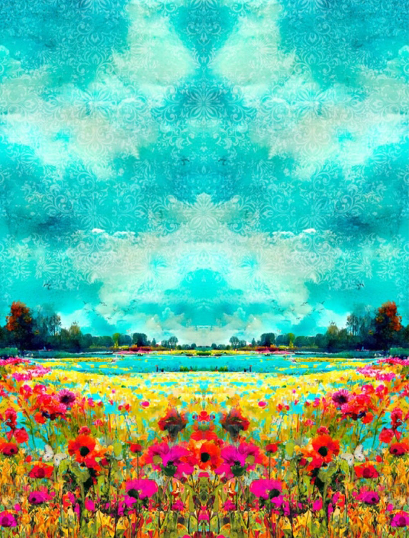 Dutch digital 'sunrise vista' cotton knit panel, Oeko-Tex 2.125 yd - 1 Panel