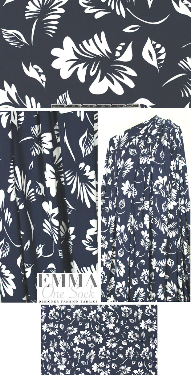 NY designer leafy silhouette ITY jersey - midnight/white 1.5 yds