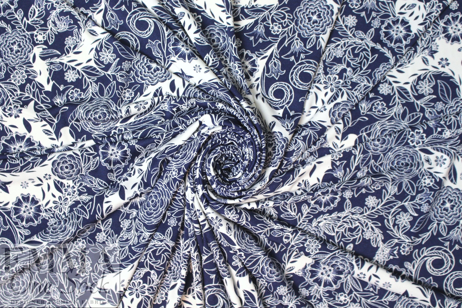 navy/white decorative floral ITY knit 1.5 yd