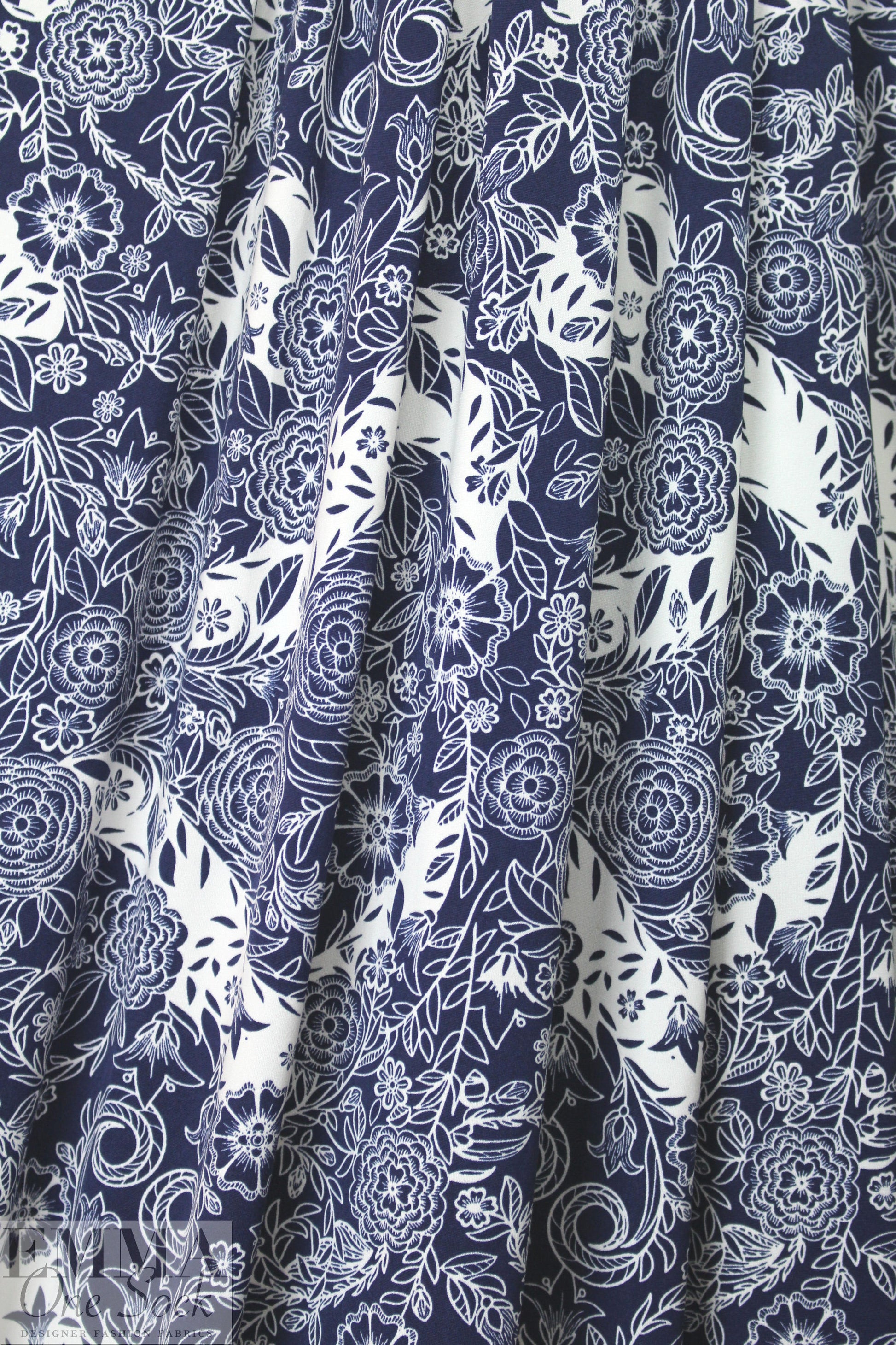 navy/white decorative floral ITY knit 1.5 yd