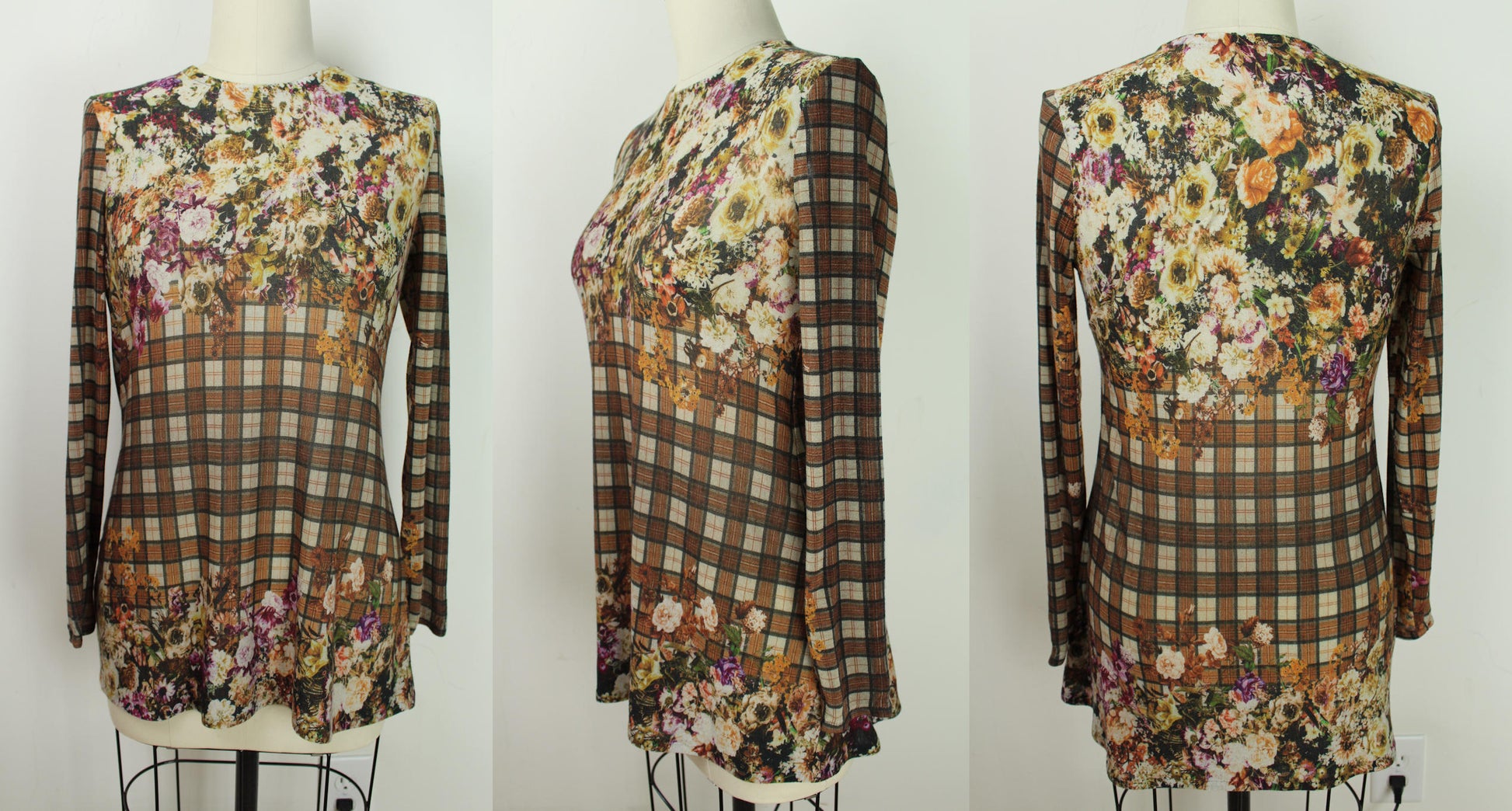 Italian viscose/wool knit - sepia floral/plaid