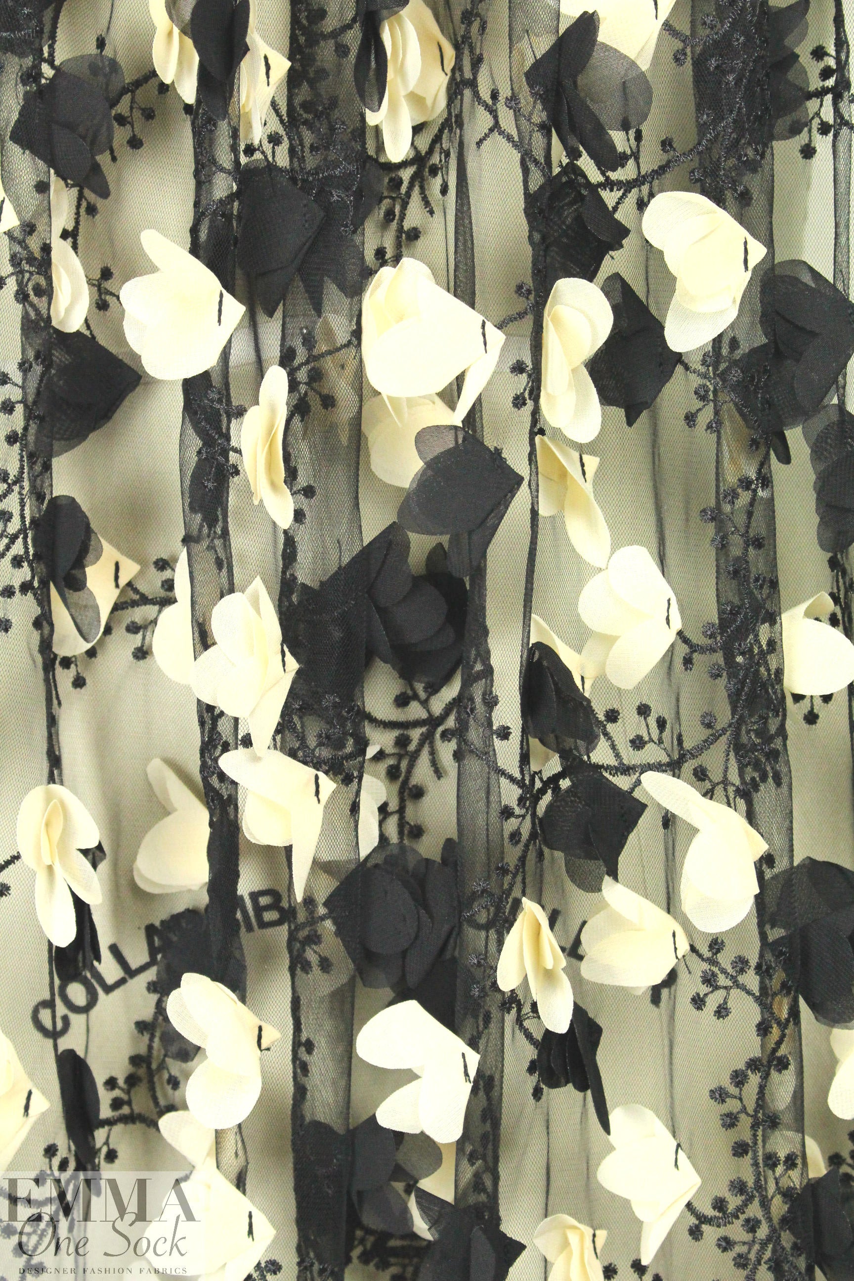 Tah@ri black/ivory 3-D flower applique' mesh lace