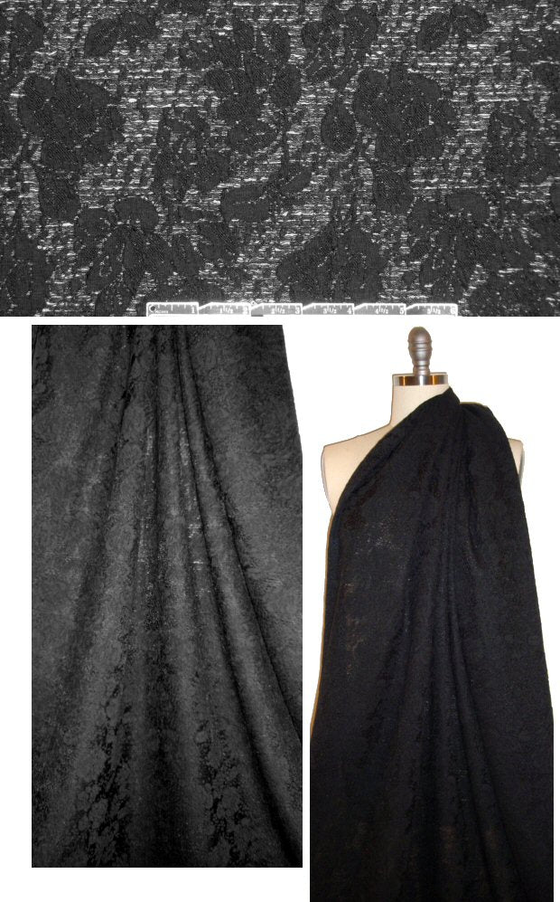 Italian textured floral lace matelasse' 2-ply knit - black 1 yard