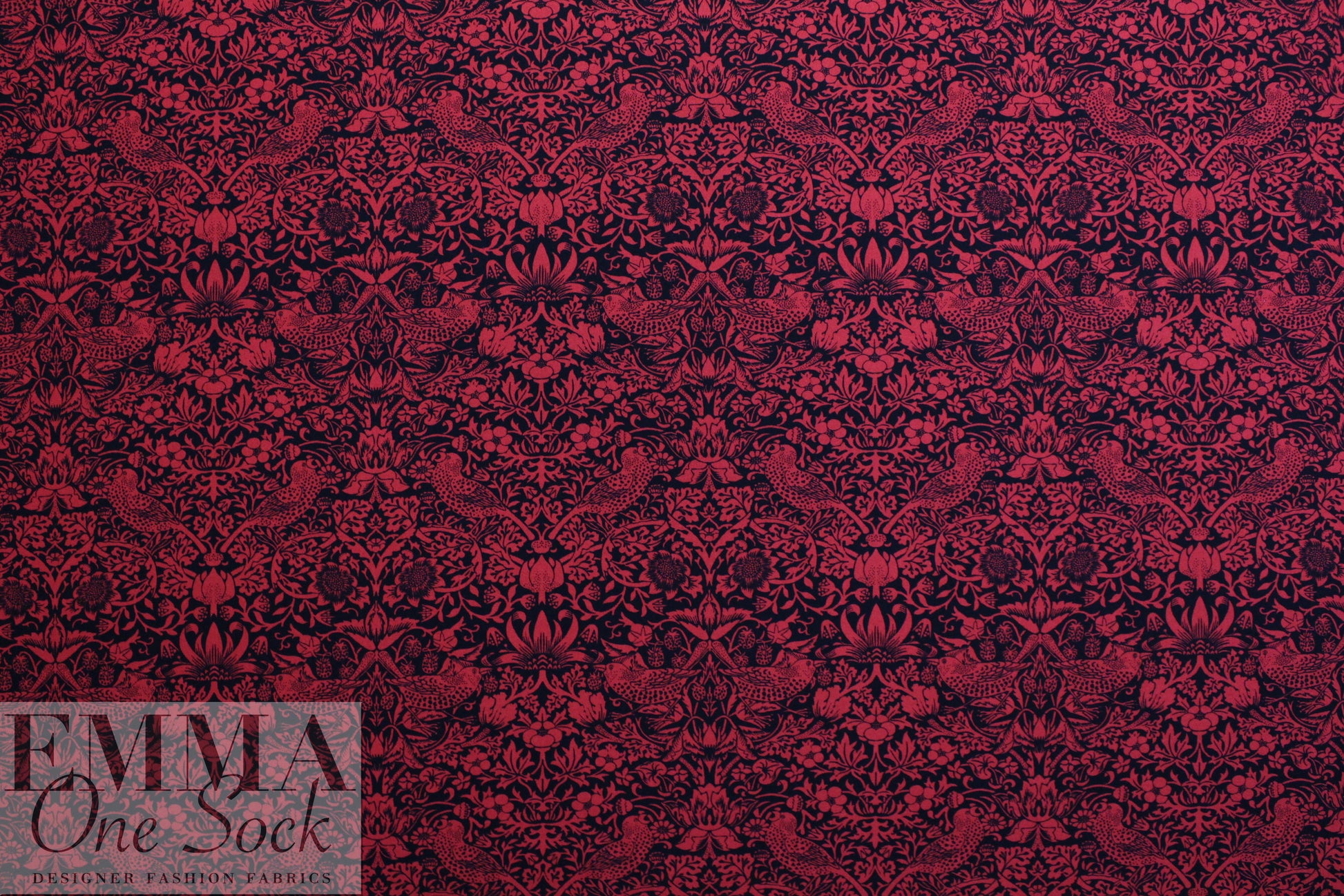 NY designer red/black filigree viscose crepe backed woven 1 yard