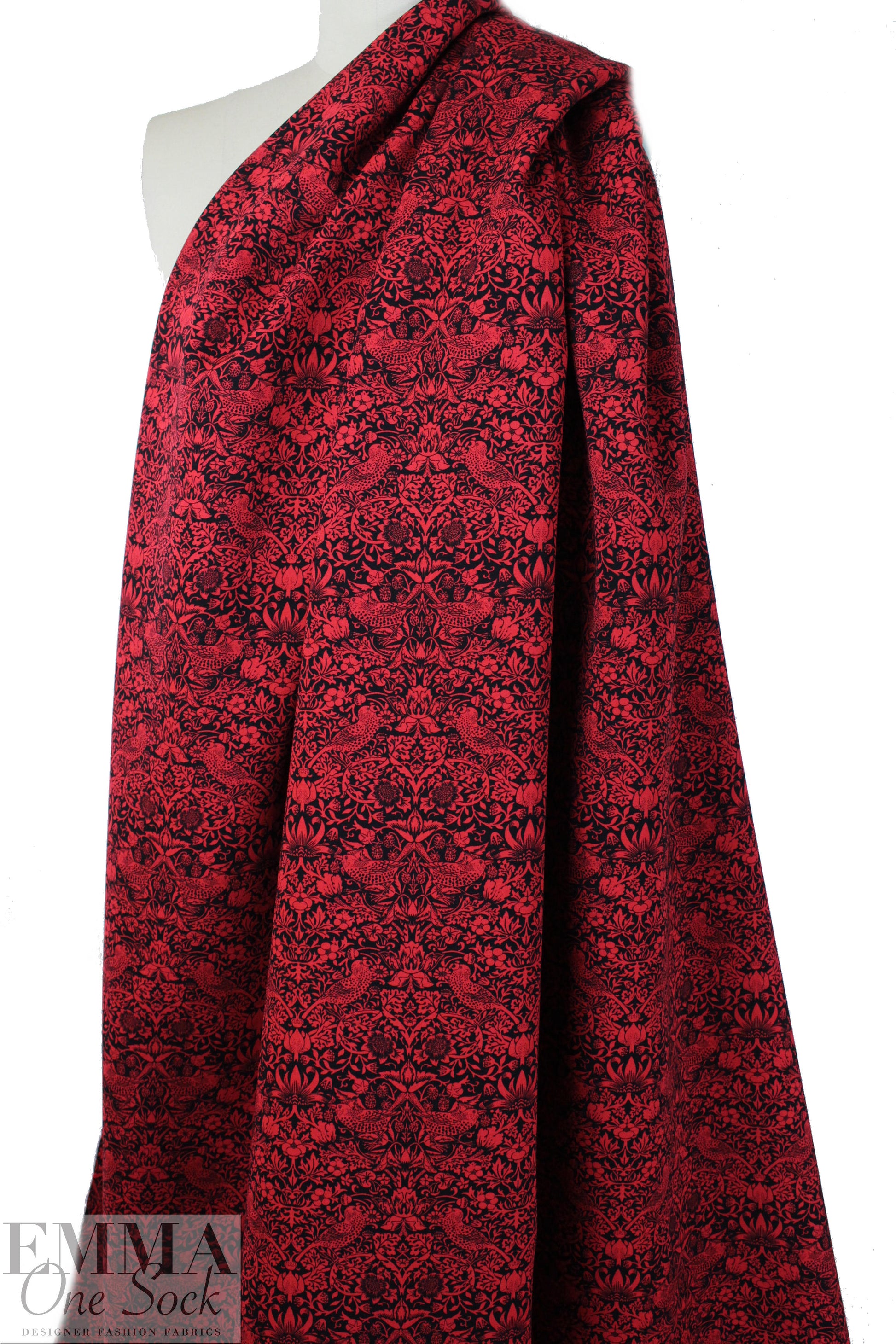 NY designer red/black filigree viscose crepe backed woven .75 yds
