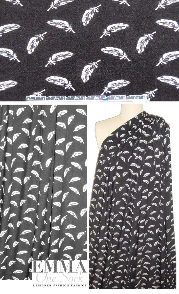 floating feathers bamboo/spandex jersey - black/white .875 yds