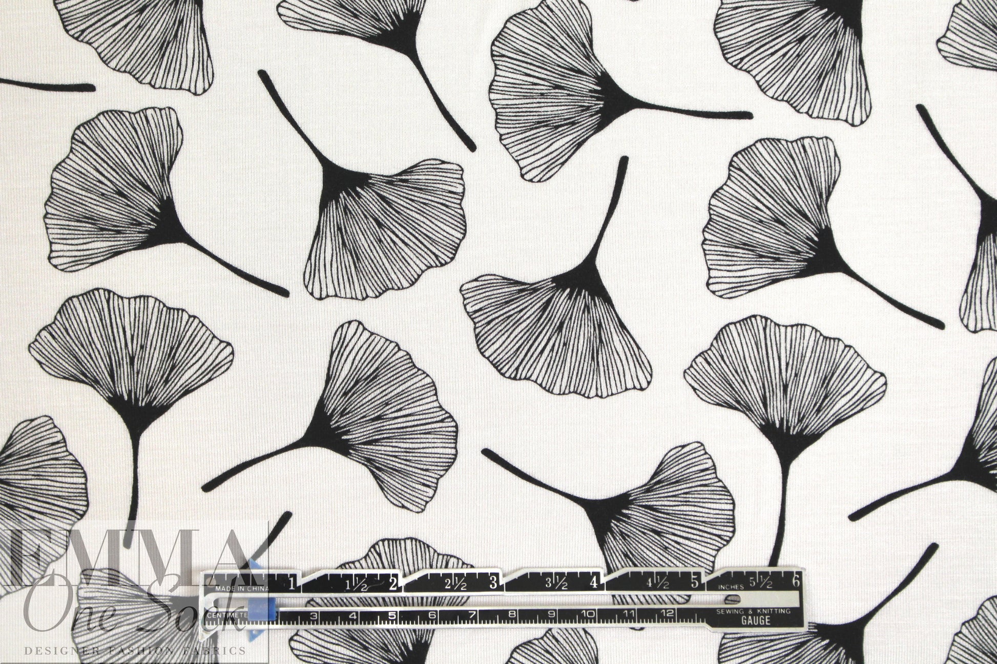 ginkgo on white bamboo/spandex jersey - Oeko-Tex cert. .5 yds