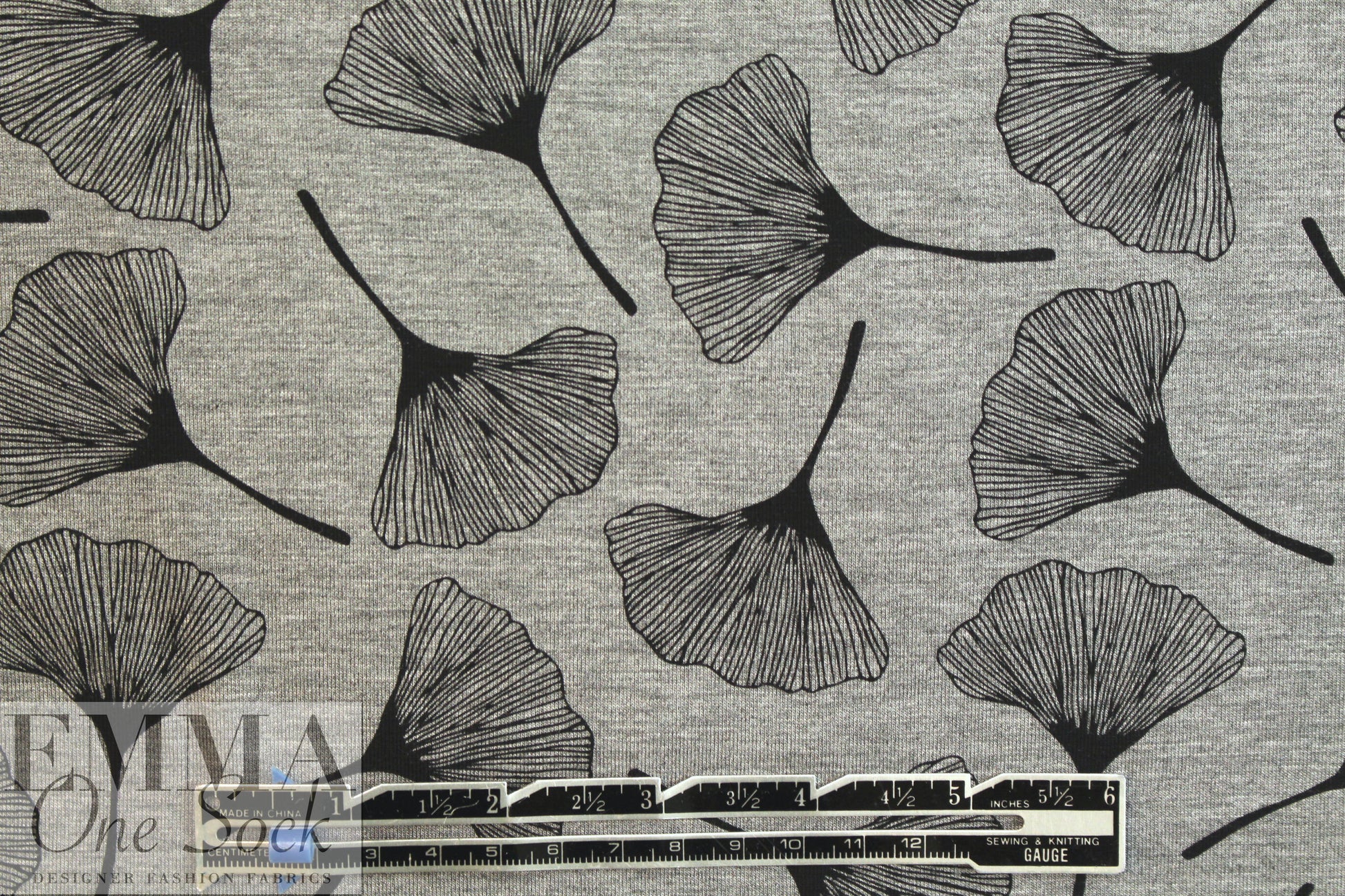 ginkgo on gray bamboo/spandex jersey - oekotex cert. .875 yds
