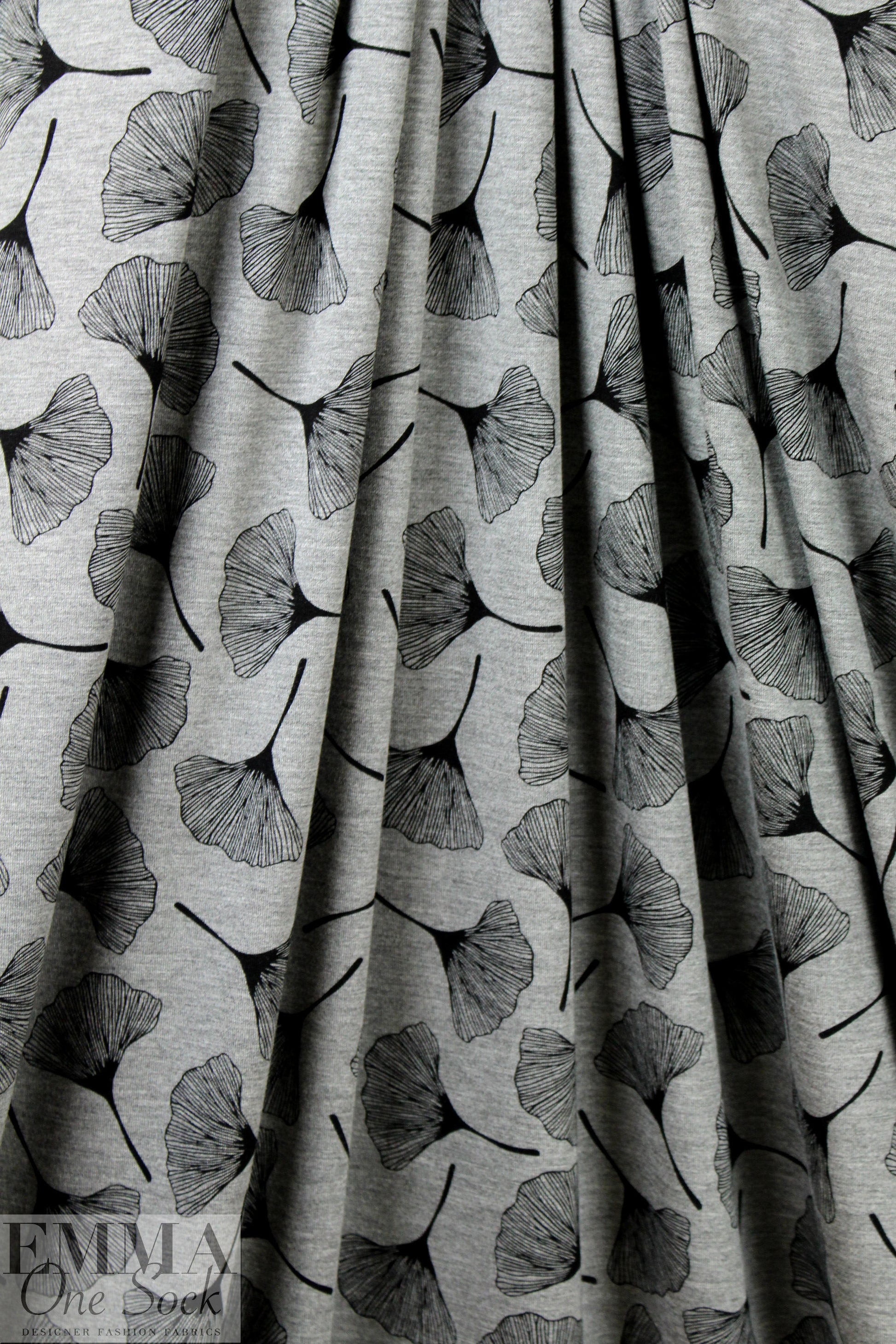 ginkgo on gray bamboo/spandex jersey - Oeko-Tex cert. .5 yds