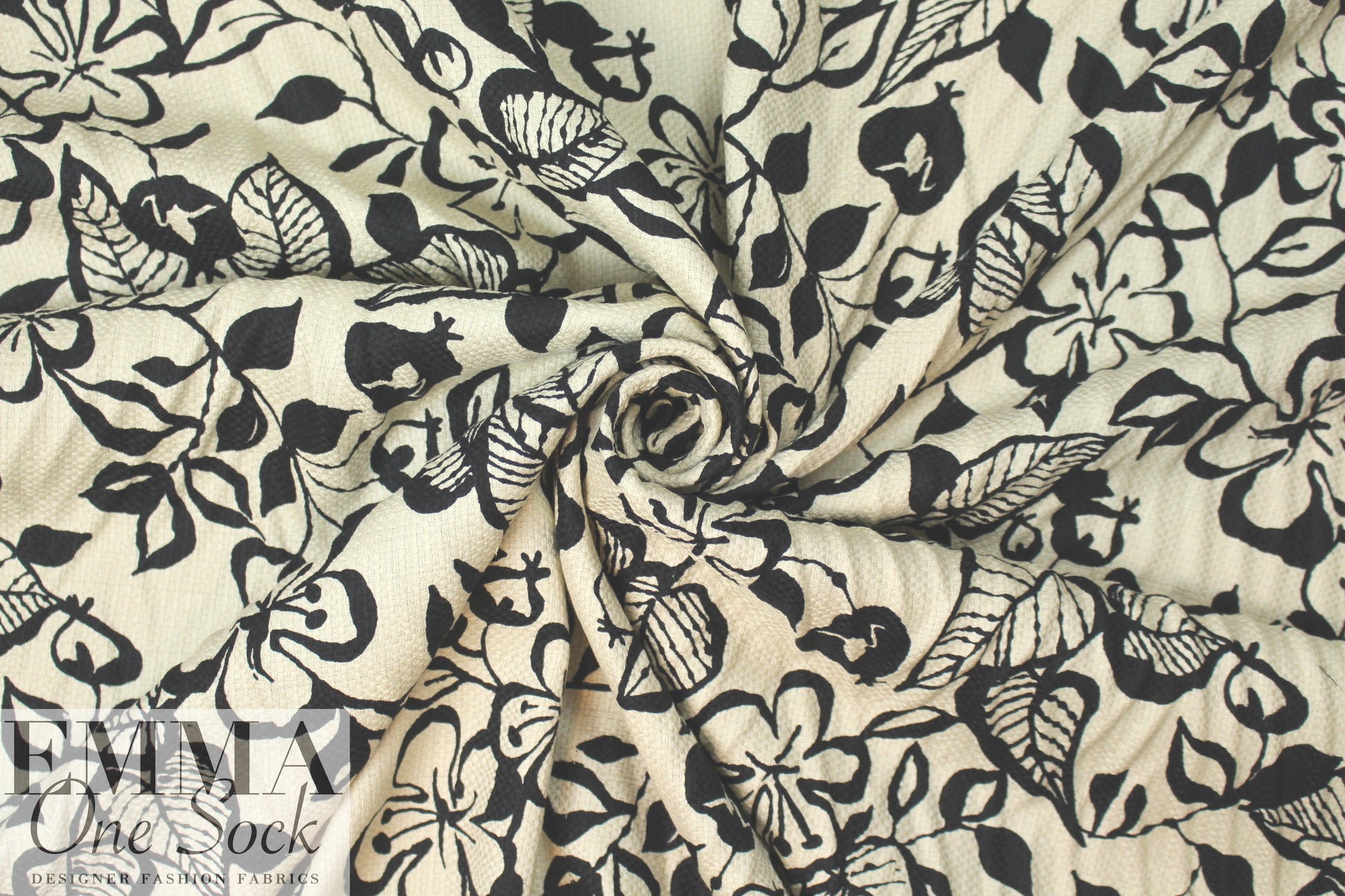 Italian floral overprinted basketweave - black/natural 2.25 yd
