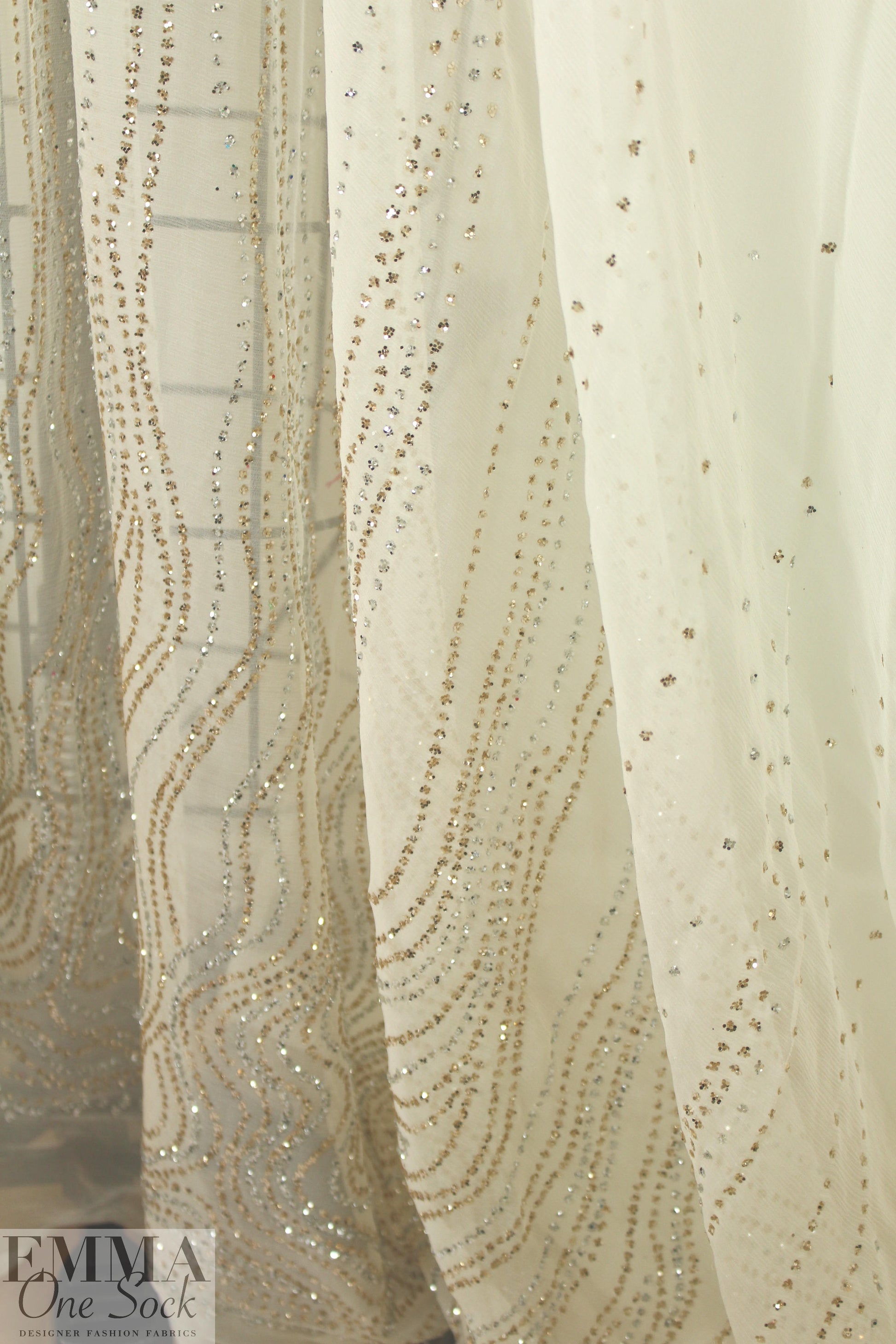 Italian sequinned border fancy silk crinkle chiffon