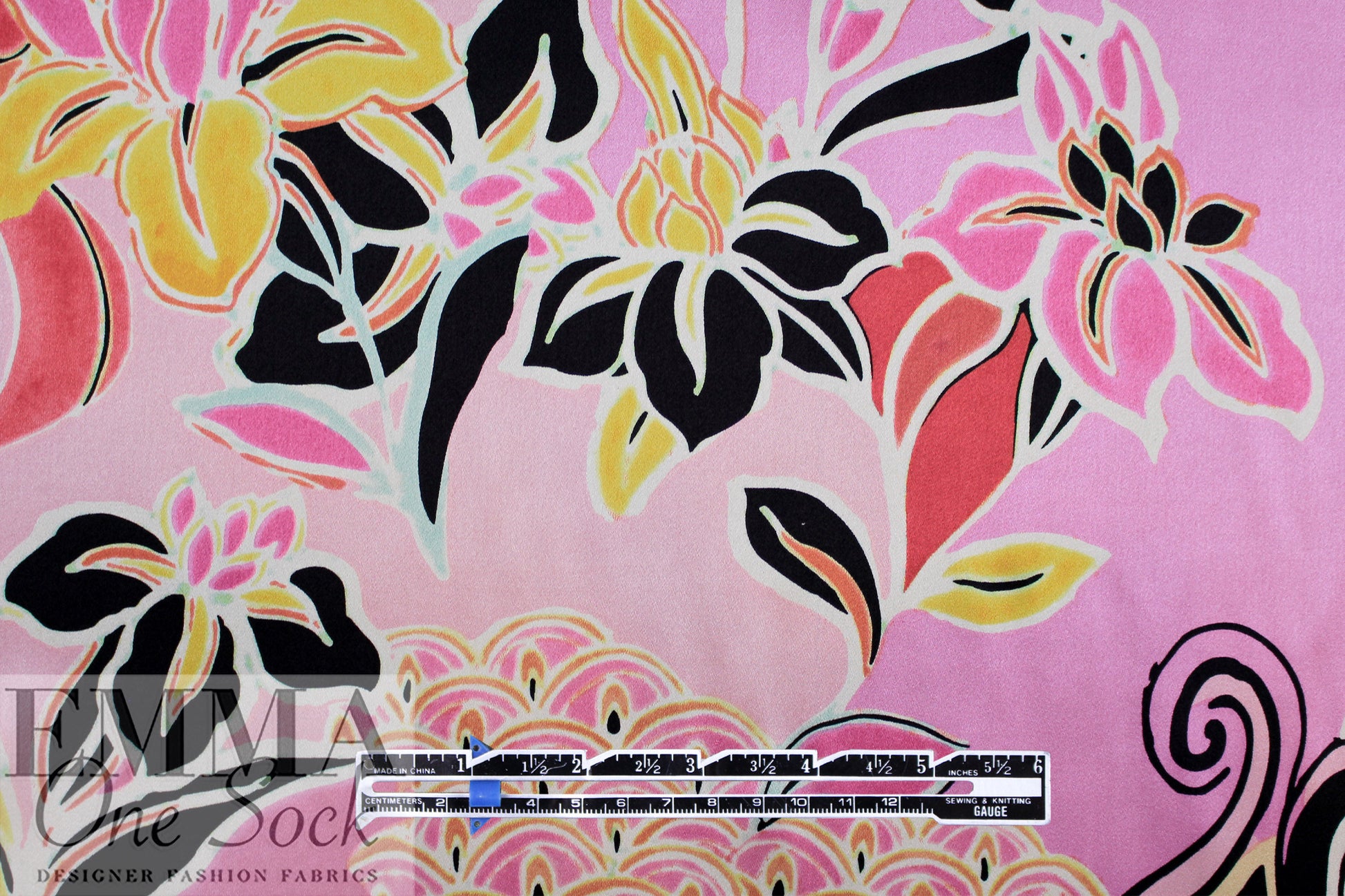 NY designer pink graphic floral PANEL silk charmeuse 1 yard