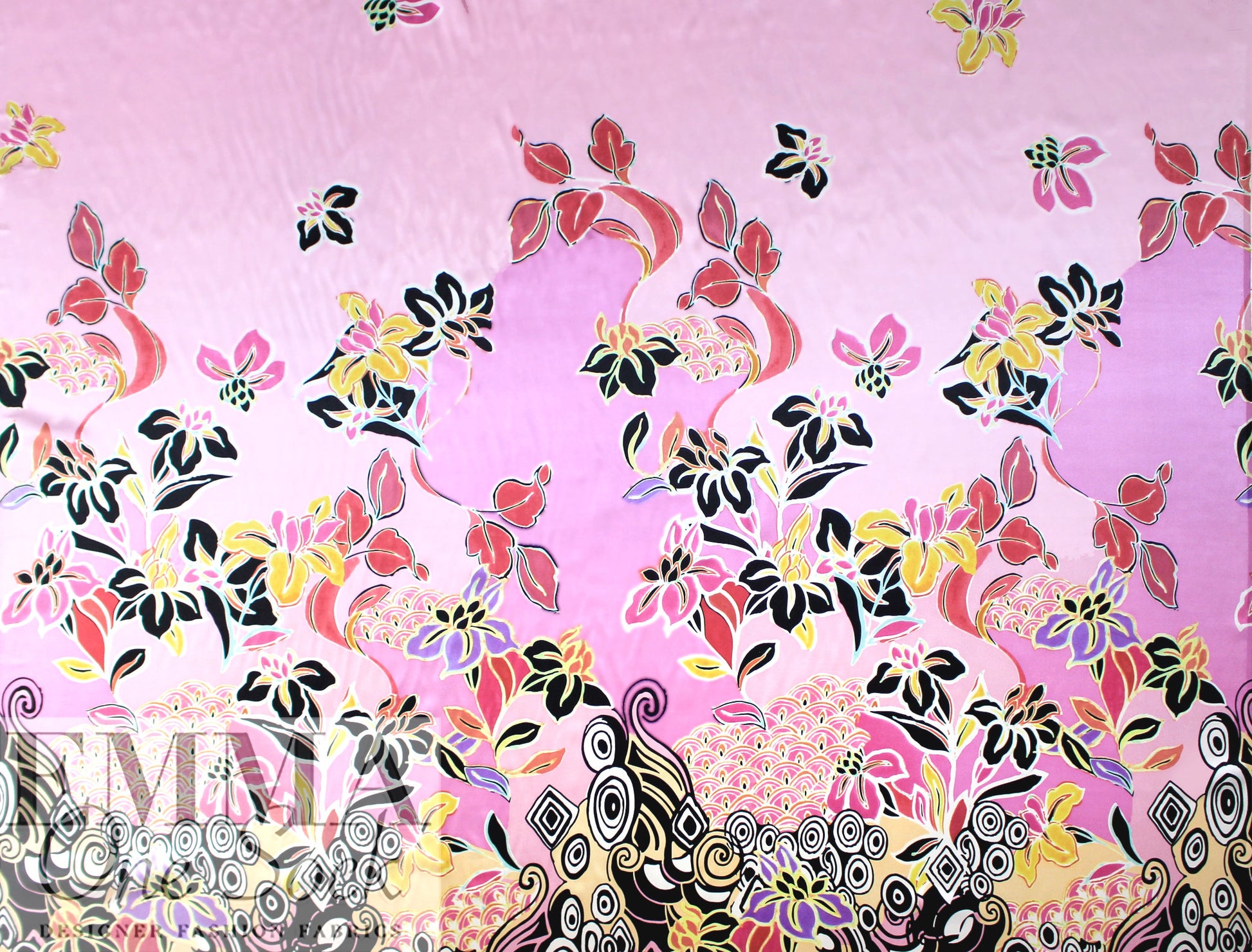 NY designer pink graphic floral PANEL silk charmeuse 1 yard