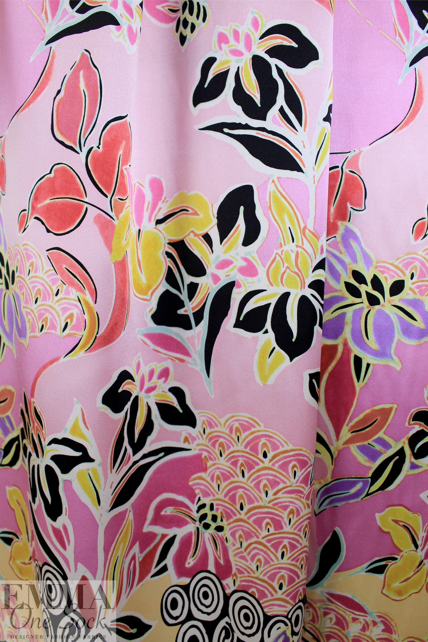 NY designer pink graphic floral PANEL silk charmeuse 1 yard