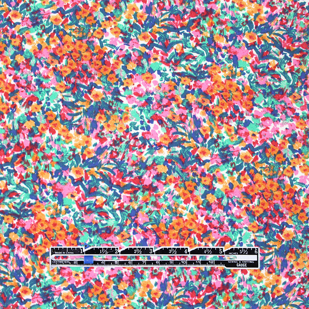 'floral fields' rayon challis, Oeko-Tex cert. - clementine/jade 1.5 yds