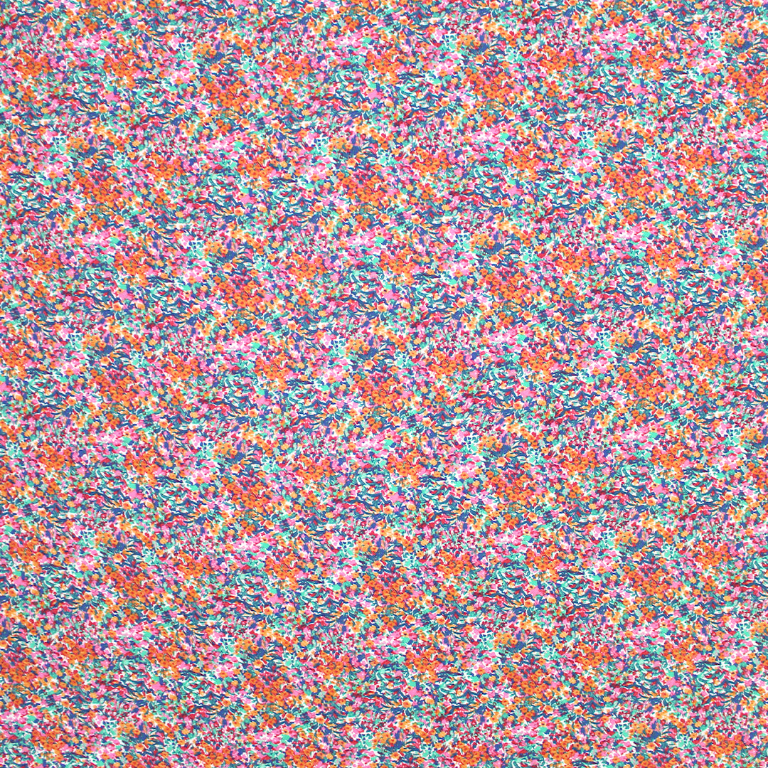 'floral fields' rayon challis, Oeko-Tex cert. - clementine/jade 1.75 yd