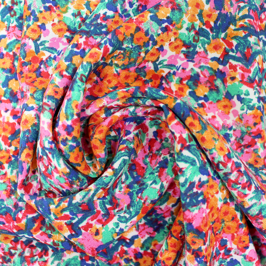 'floral fields' rayon challis, Oeko-Tex cert. - clementine/jade 1.75 yd