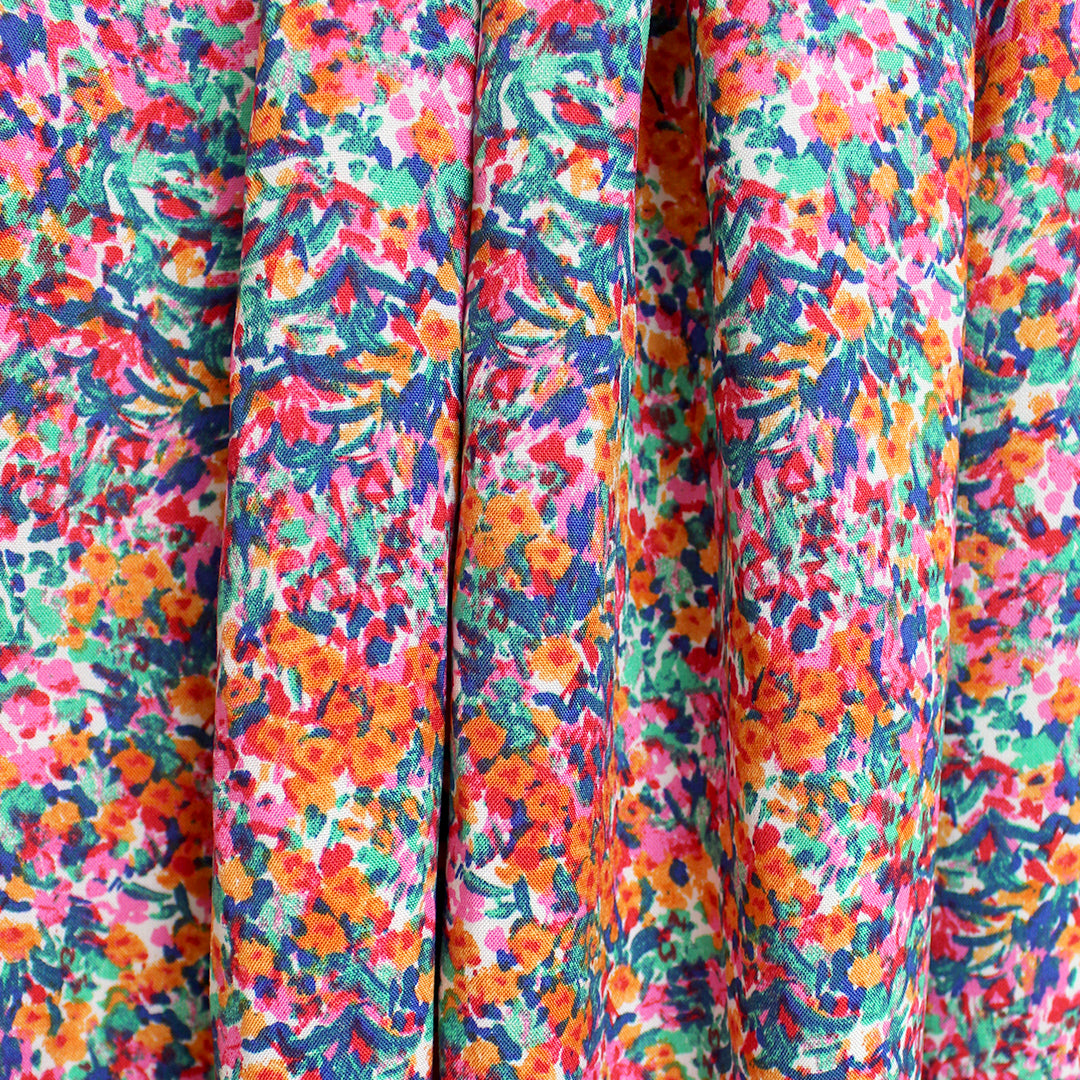 'floral fields' rayon challis, Oeko-Tex cert. - clementine/jade 1.66 yd