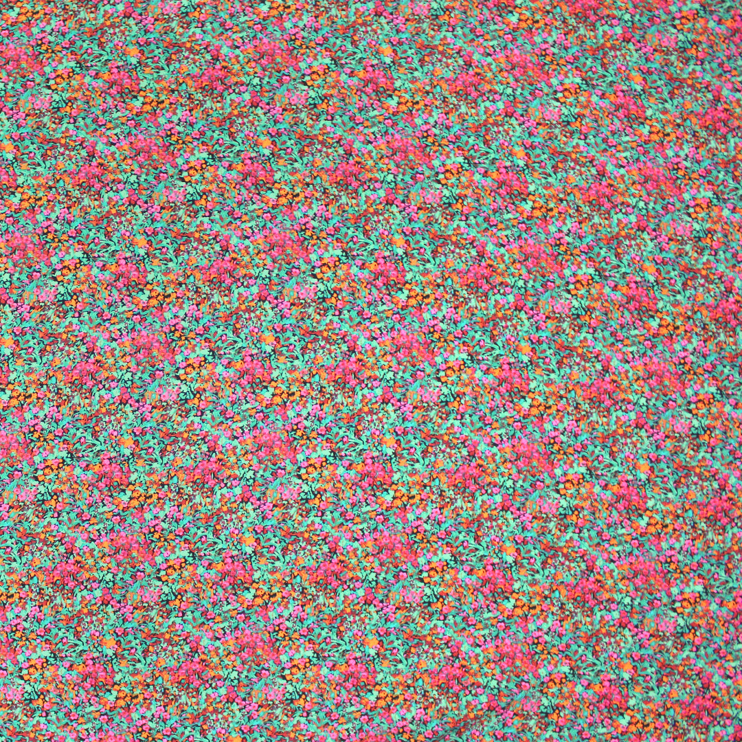 'floral fields' rayon challis, Oeko-Tex cert. - raspberry/jade 1 yard