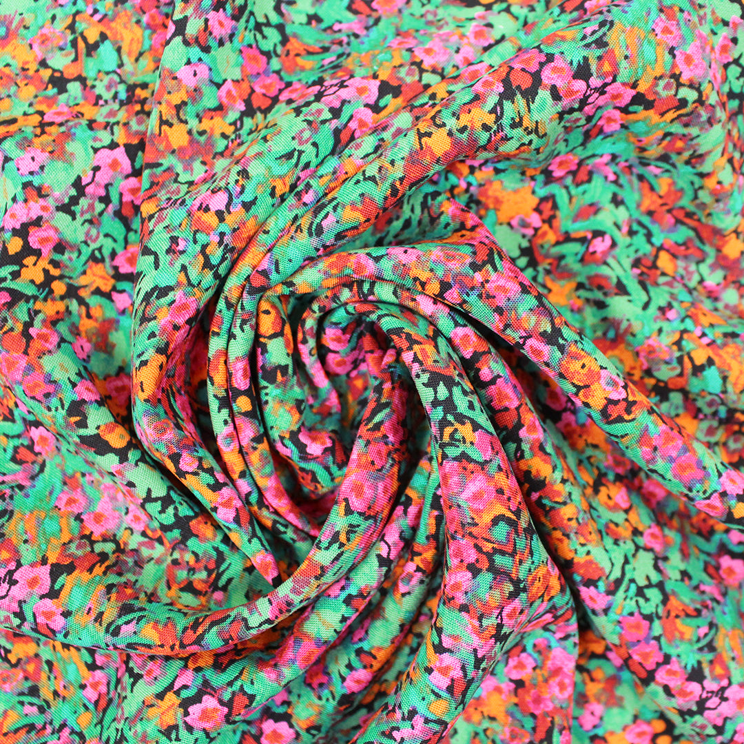 'floral fields' rayon challis, Oeko-Tex cert. - raspberry/jade 1 yard
