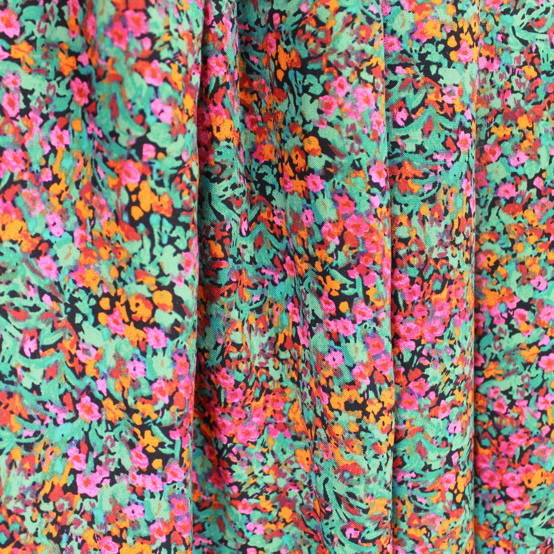 'floral fields' rayon challis, Oeko-Tex cert. - raspberry/jade 1 yard