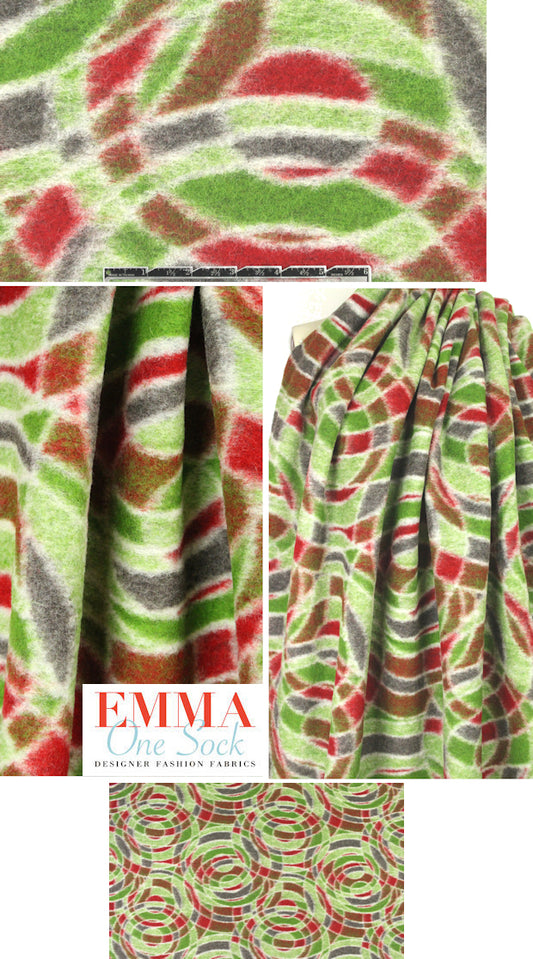 Italian red/green graphic boiled wool fleece 1.75 yd