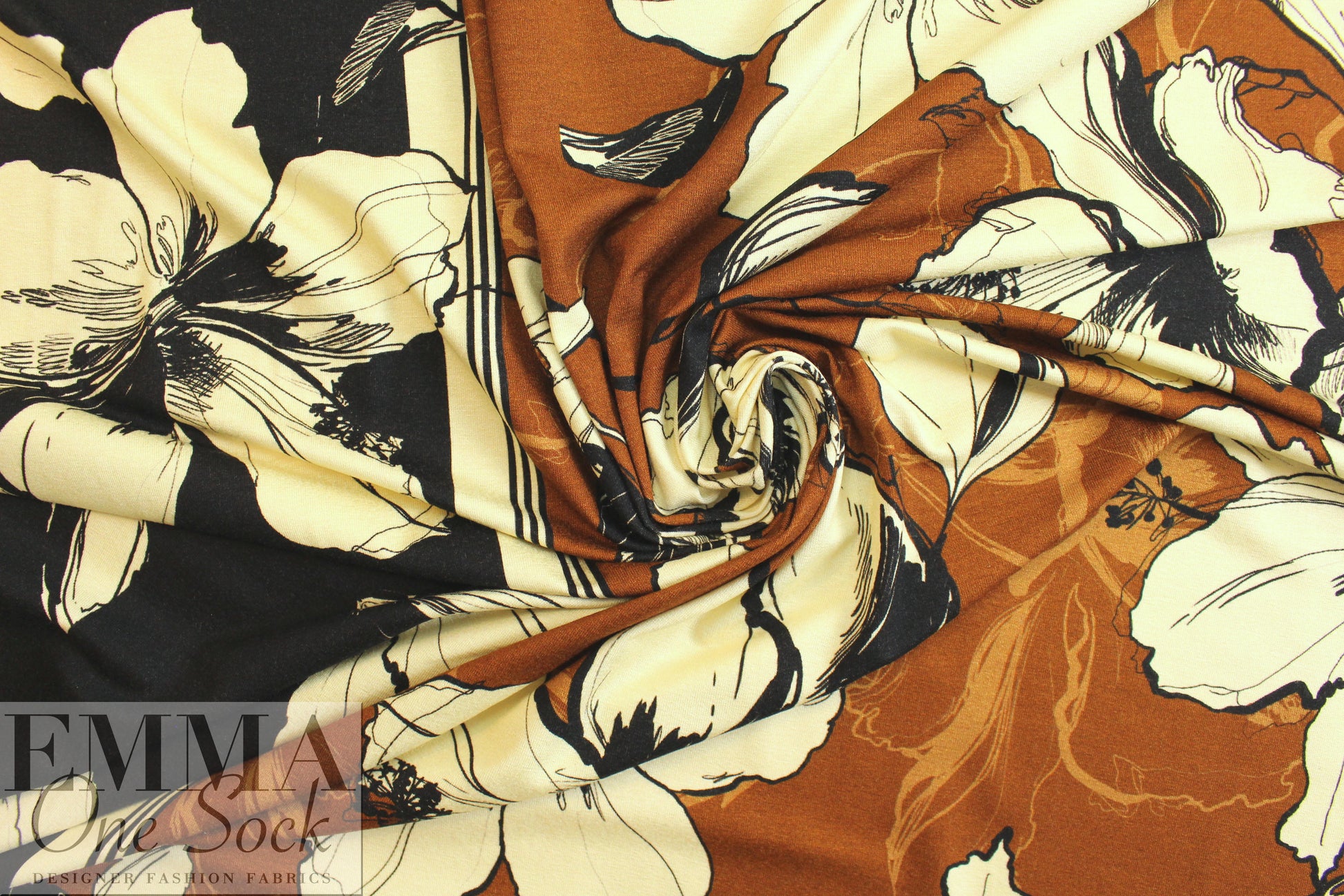 Italian pen and ink floral double border viscose/spandex knit 2 yd