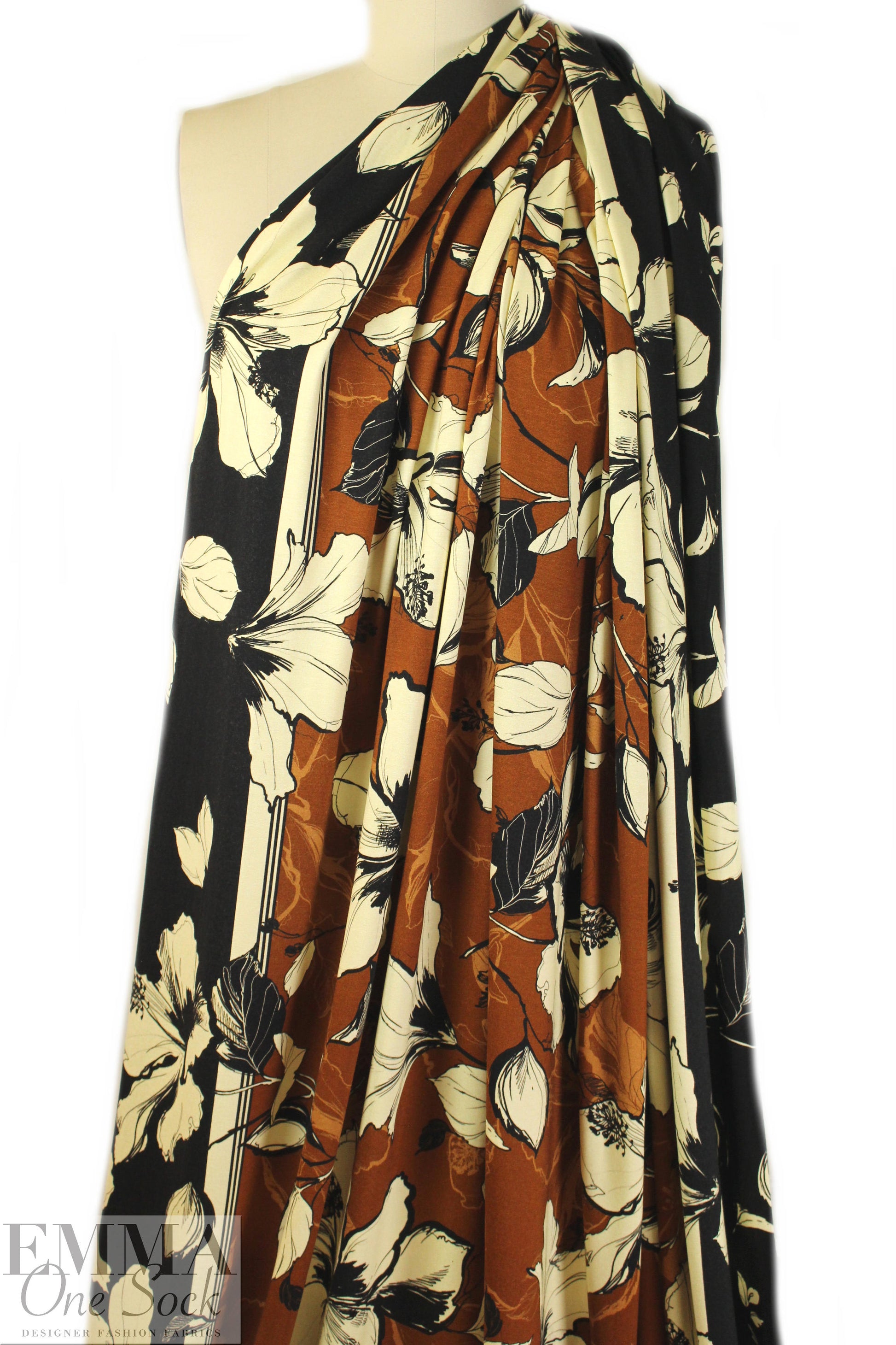 Italian pen and ink floral double border viscose/spandex knit