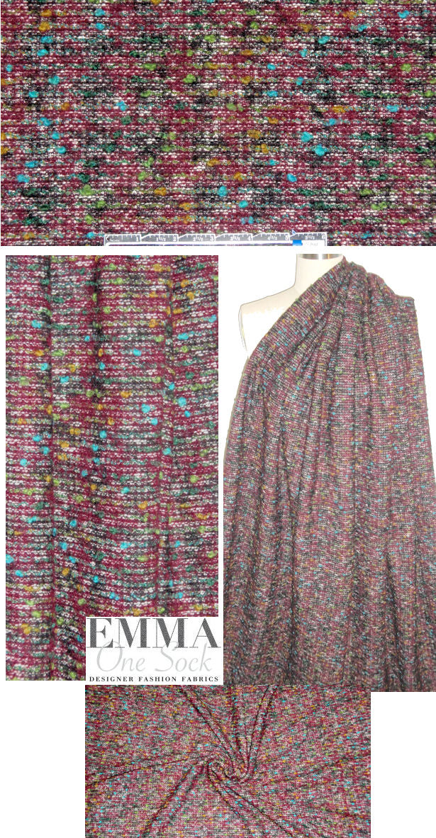 Italian wine/forest/turq boucle' sweater knit 1.25 yds