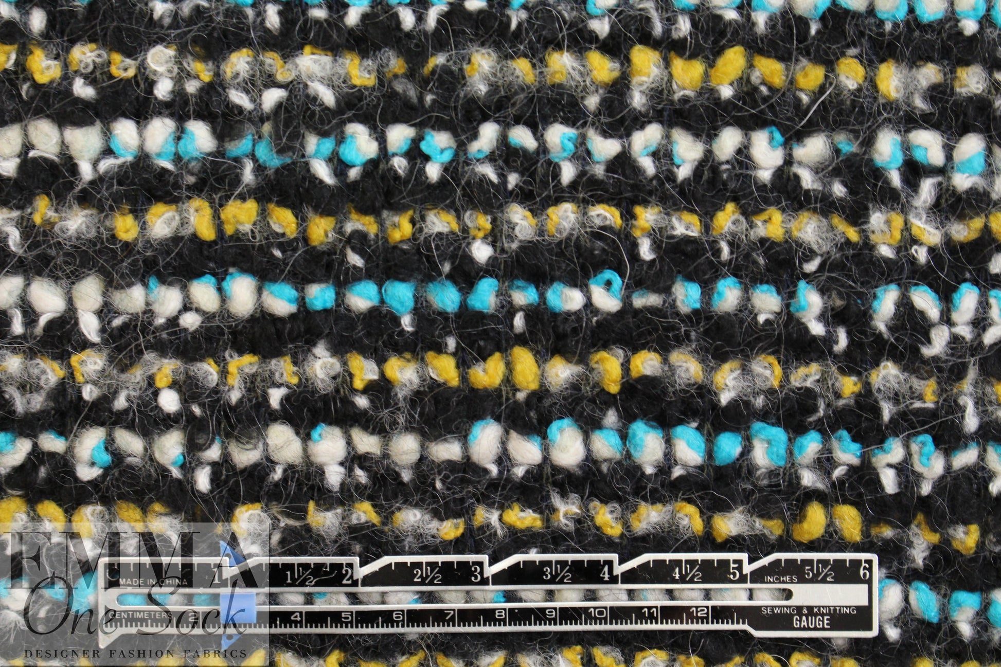 Italian wool blend 2-ply boucle' - turq/gold/black .625 yds