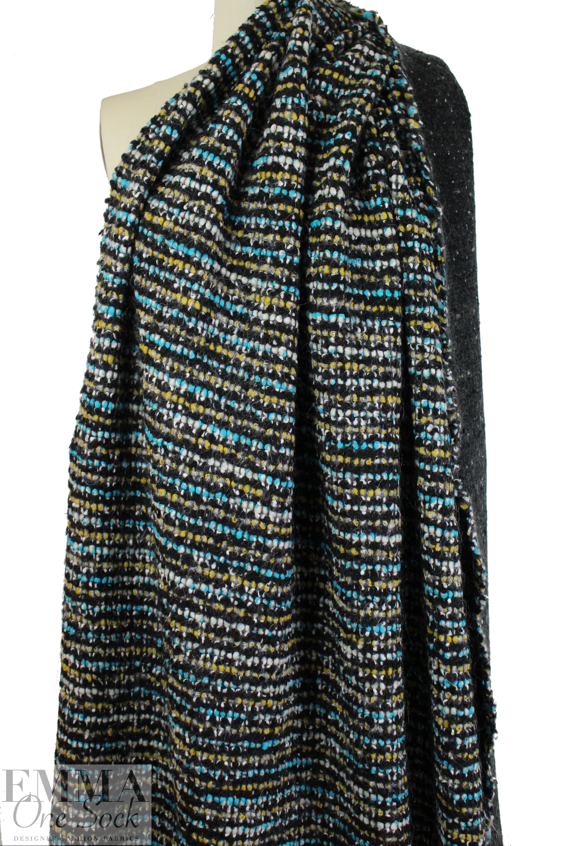 Italian wool blend 2-ply boucle' - turq/gold/black .625 yds